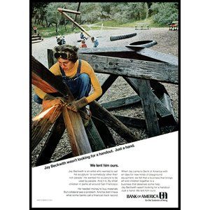 1972 Bank of America Lend a Hand Vintage Print Ad Playground Kids Welding Decor